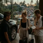 Aeroport bali ubud, chauffeur privé et taxi officiel devant un terminal tropical