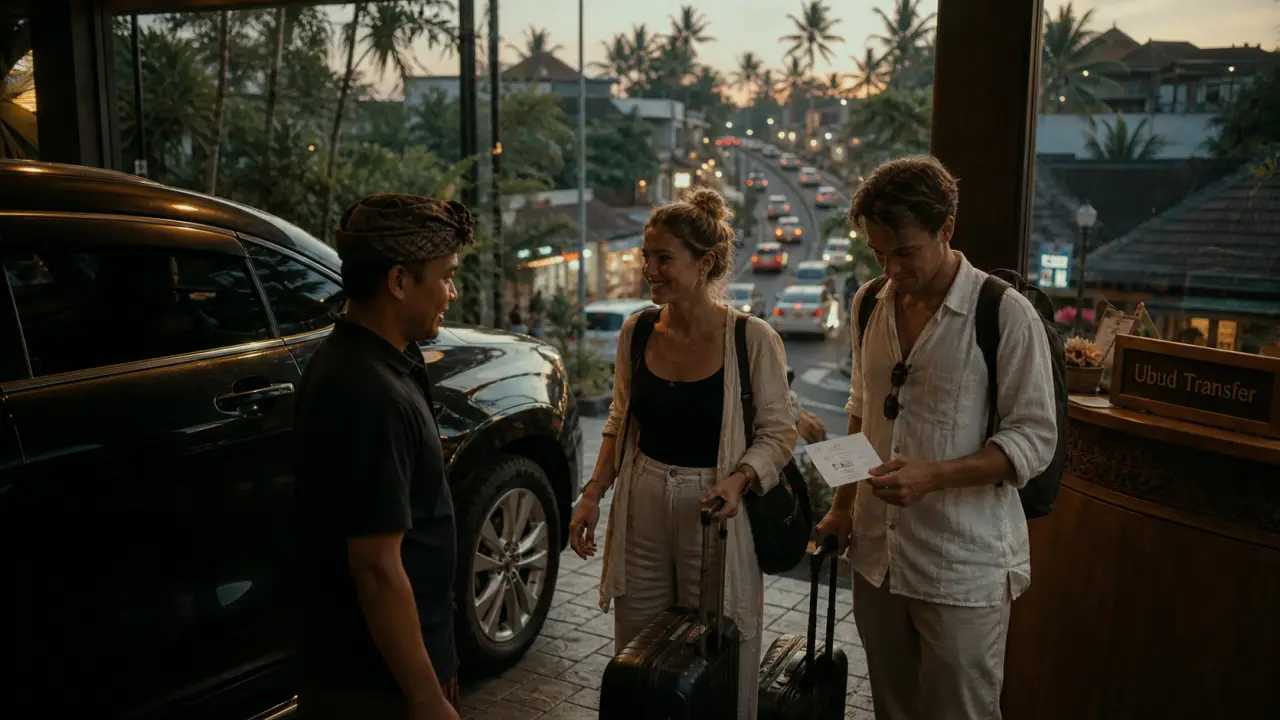 Aeroport bali ubud, chauffeur privé et taxi officiel devant un terminal tropical