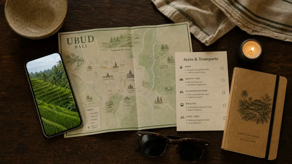 Airbnb Ubud Bali Indonesia : carte et smartphone de rizières au calme