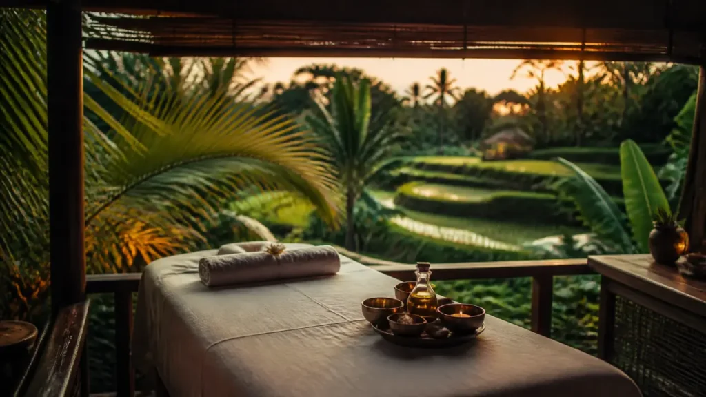 bali botanica spa ubud : cabine de massage balinais dans le jardin tropical