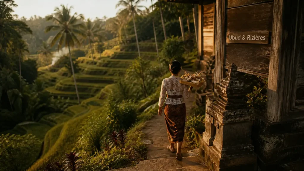Bali indonesie ubud : rizières et offrandes près d’un temple balinais