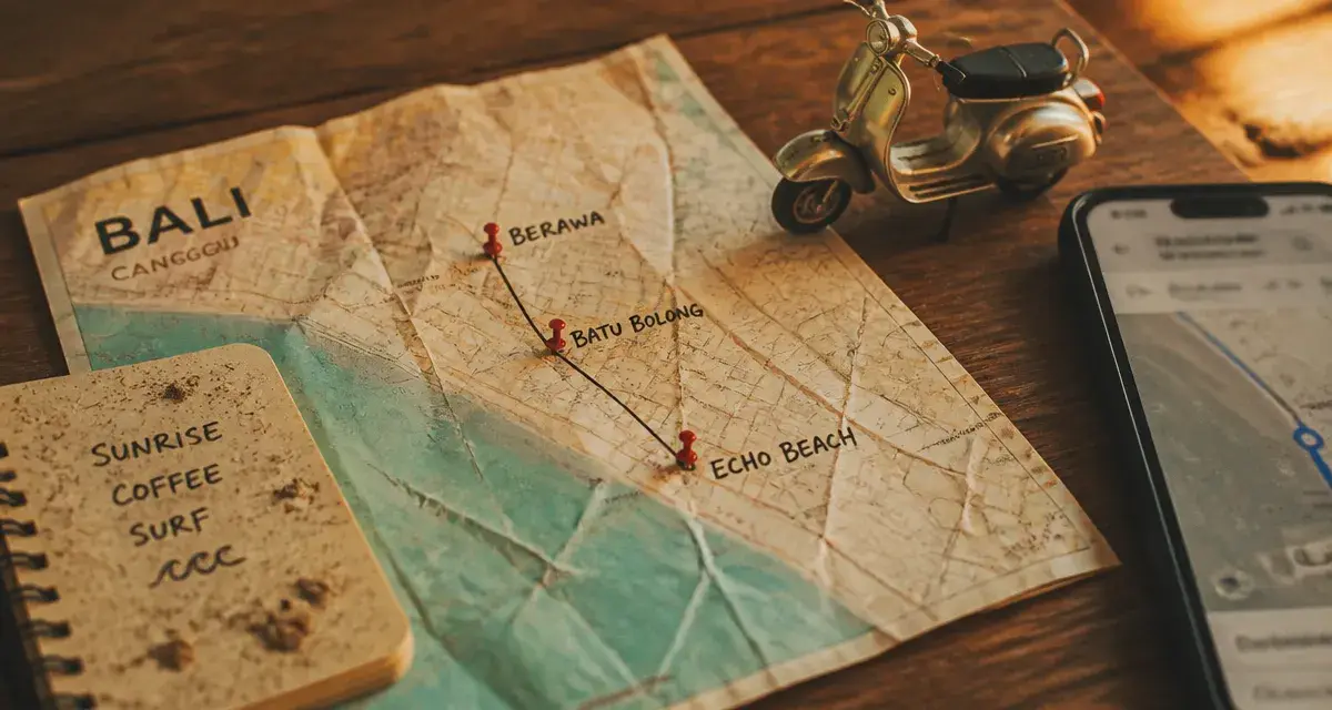 Canggu Bali carte : plages et quartiers avec itinéraire