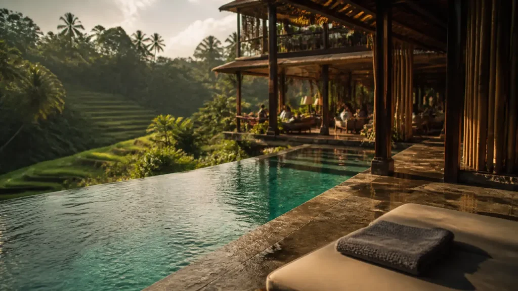 Cretya Ubud Bali : piscine à débordement turquoise et rizières