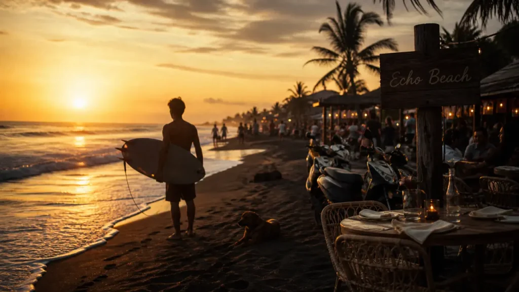 Echo Beach Canggu Bali : surfer au coucher du soleil, vagues et scooters