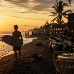 Echo Beach Canggu Bali : surfer au coucher du soleil, vagues et scooters