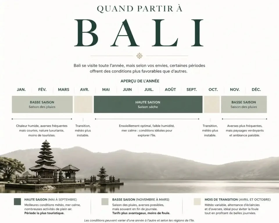 Calendrier de saisonnalité pour un voyage à Bali et réservation de billet d'avion