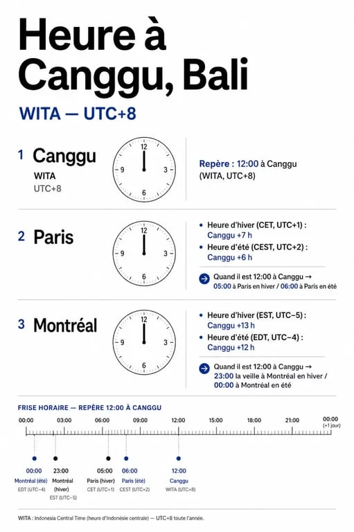 Heure canggu bali : infographie des décalages horaires entre Canggu, Paris et Montréal