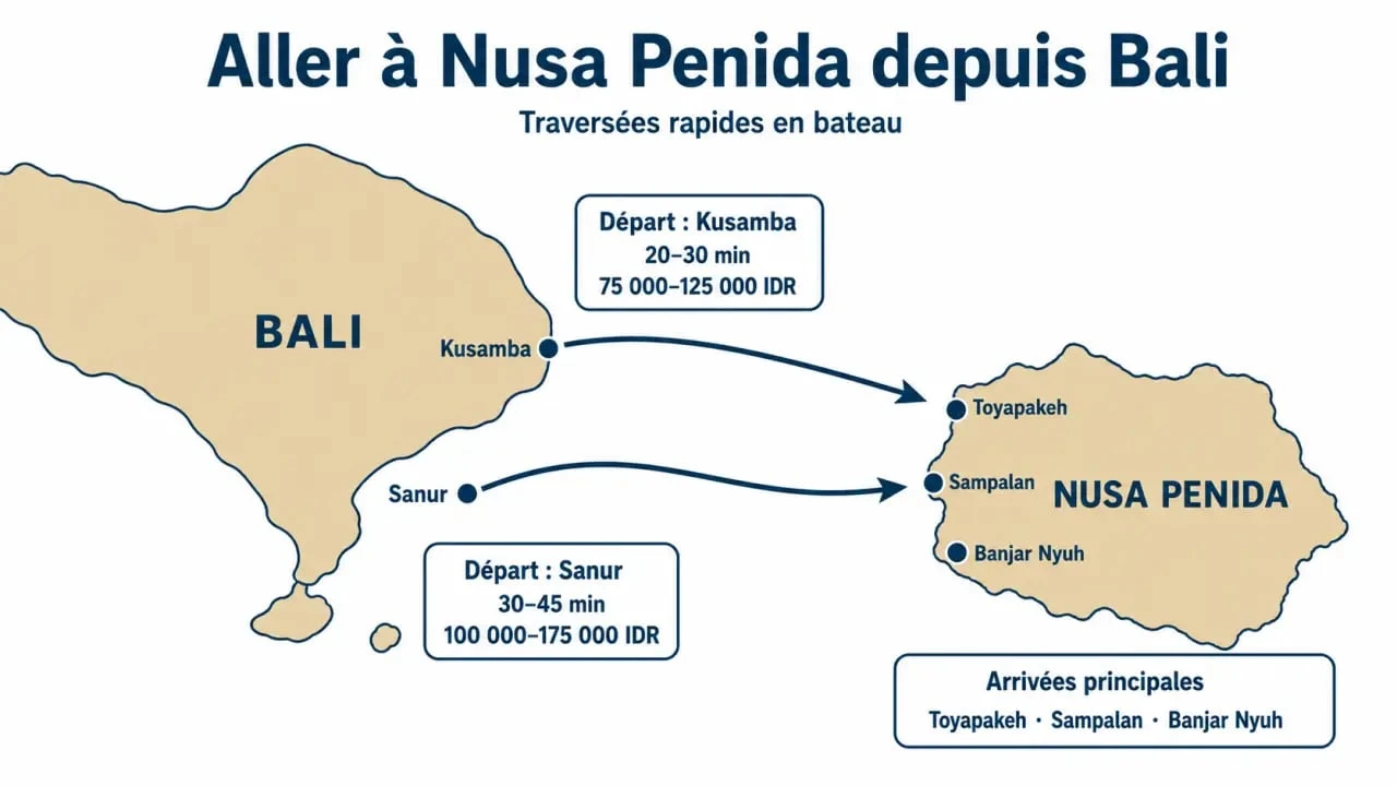 Comment aller a Nusa Penida depuis Bali : carte comparative des ports, durées et prix
