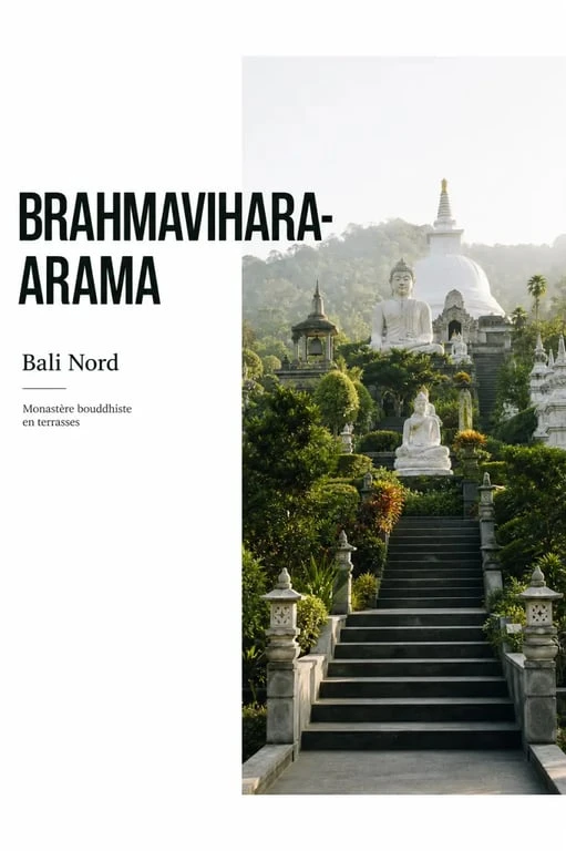 Bali buddhist temples : Brahmavihara-Arama dans le nord de Bali, monastère bouddhiste en terrasses avec jardins et statues de Bouddha