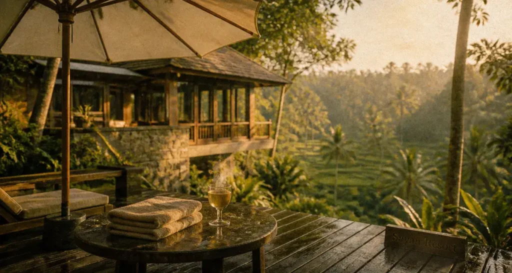 Four Seasons Bali Ubud Sayan Resort : terrasse bois et rizières