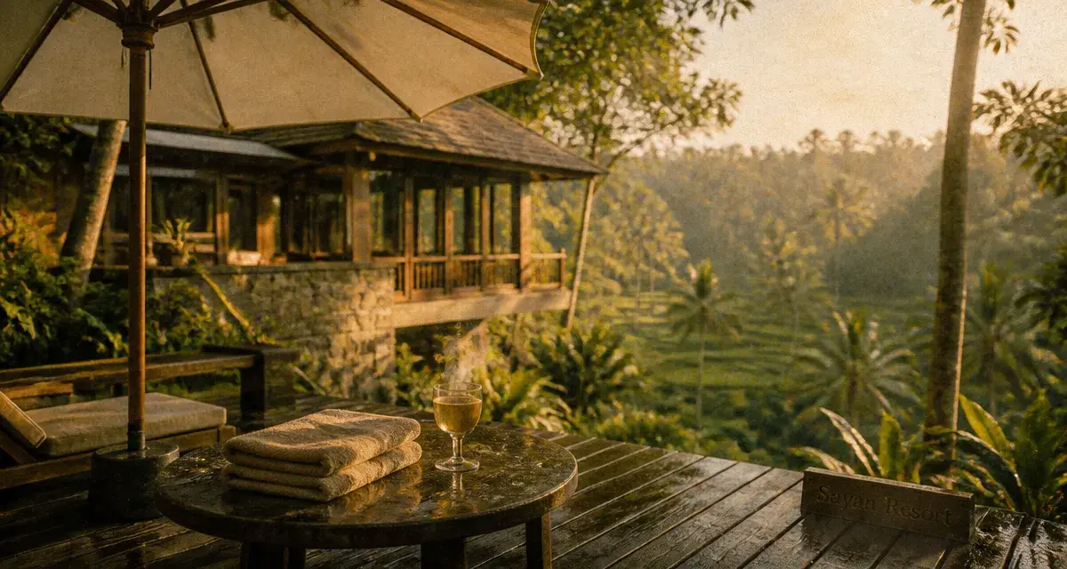 Four Seasons Bali Ubud Sayan Resort : terrasse bois et rizières