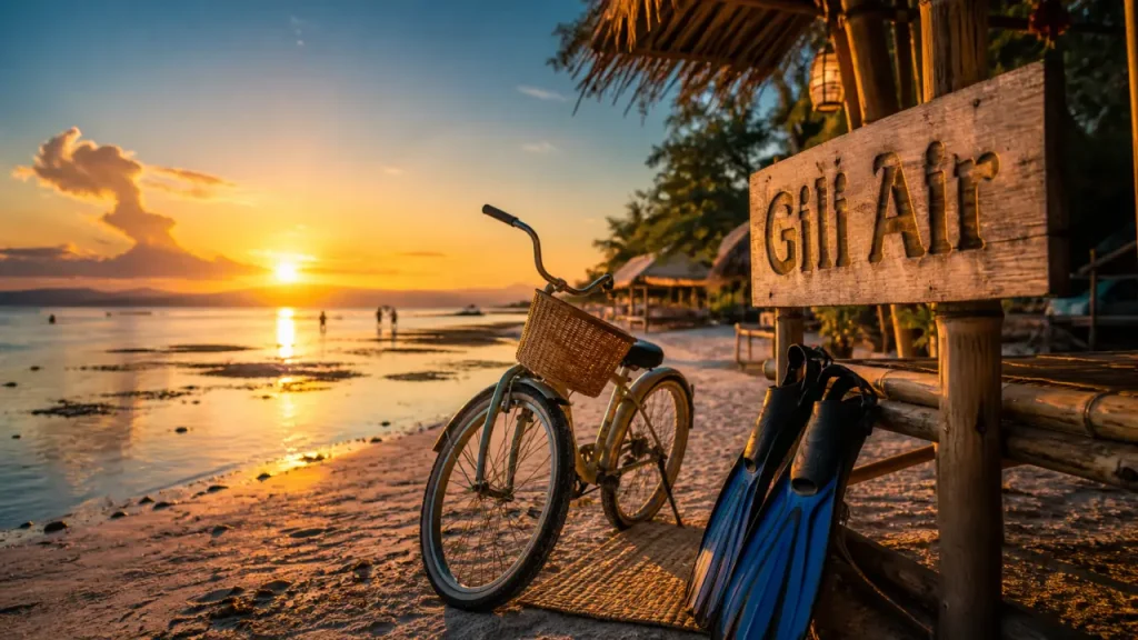 Gili Air Island : plage, vélo et snorkeling près de Bali, eau turquoise.