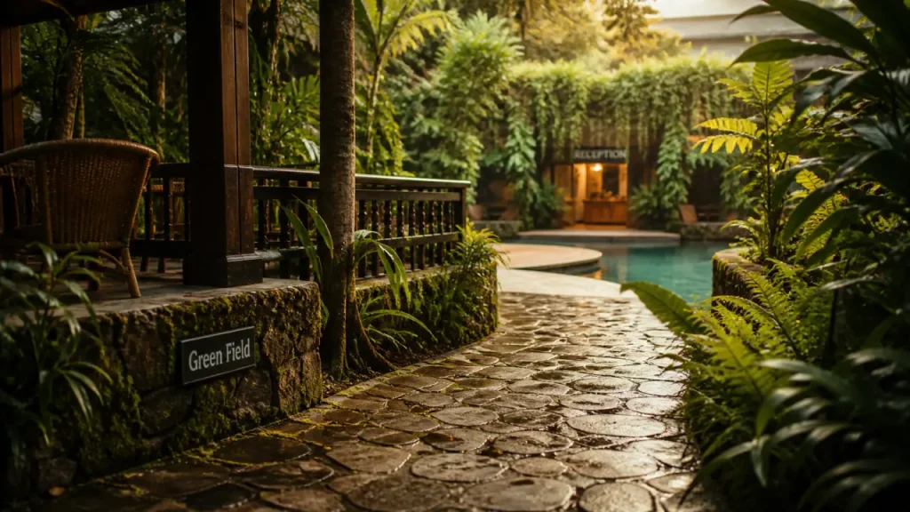 Hotel Green Field Ubud Bali, allée et terrasse au jardin, près d’Ubud