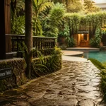 Hotel Green Field Ubud Bali, allée et terrasse au jardin, près d’Ubud