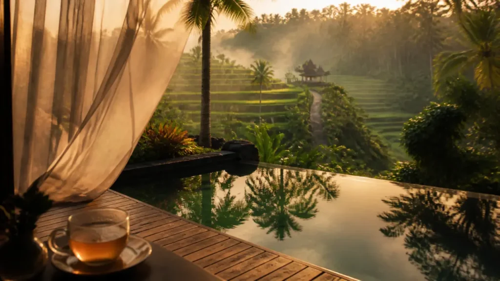 hotel ubud bali indonesia, piscine à débordement bordée de pierre, jungle et rizières