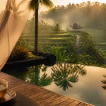 hotel ubud bali indonesia, piscine à débordement bordée de pierre, jungle et rizières