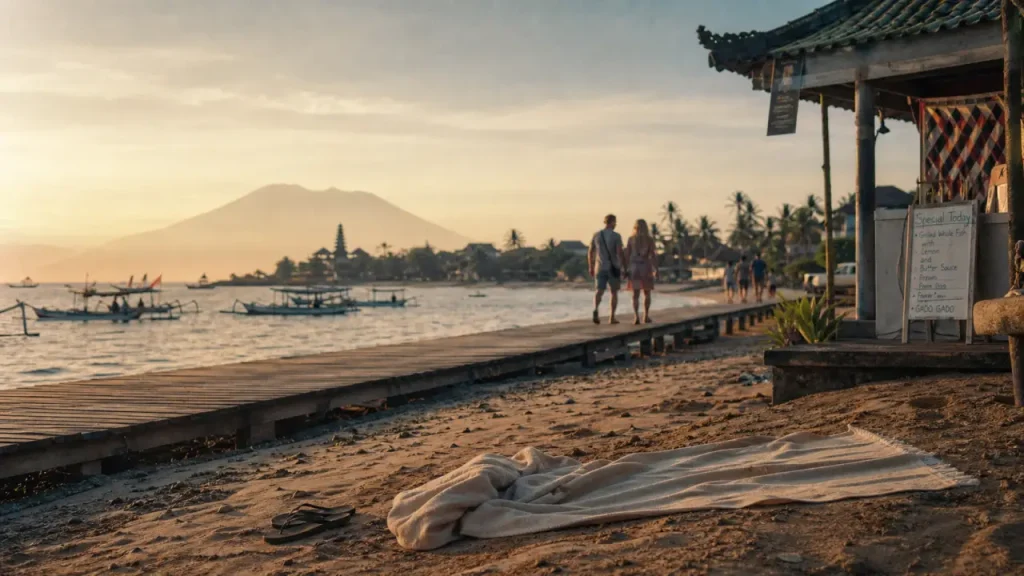 Indonésie plage calme à Sanur au petit matin, promenade en bois et barques