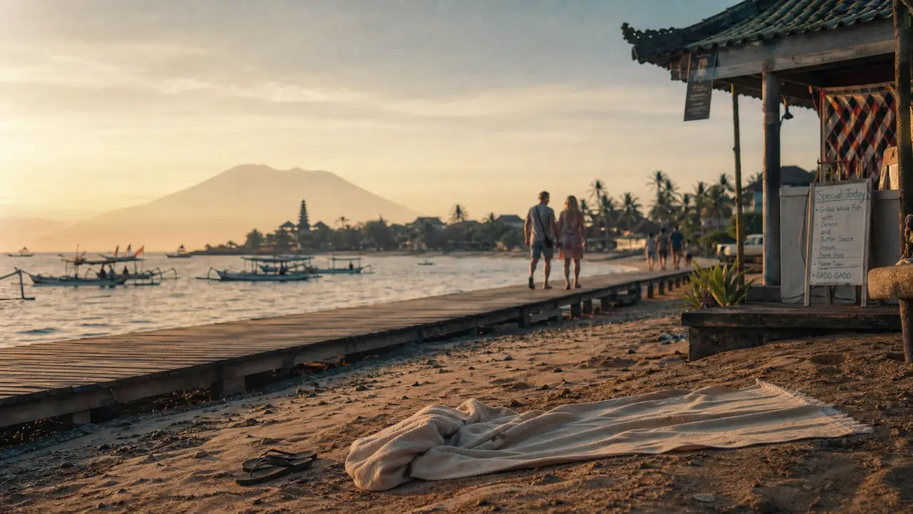 Indonésie plage calme à Sanur au petit matin, promenade en bois et barques