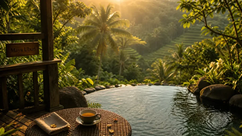 Maya Ubud Resort & Spa Bali Indonesia à Ubud, piscine et jungle à l’heure dorée