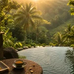 Maya Ubud Resort & Spa Bali Indonesia à Ubud, piscine et jungle à l’heure dorée