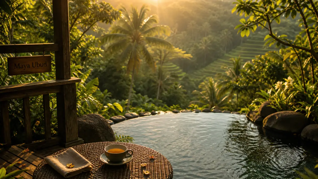 Maya Ubud Resort & Spa Bali Indonesia à Ubud, piscine et jungle à l’heure dorée