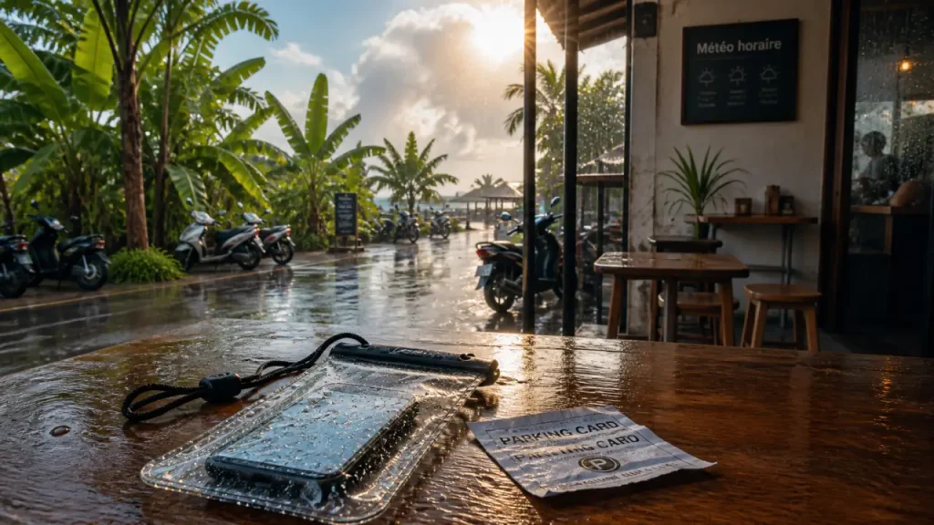 meteo canggu bali : averses courtes et éclaircies, café et téléphone étanche sous la pluie