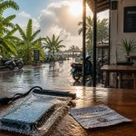 meteo canggu bali : averses courtes et éclaircies, café et téléphone étanche sous la pluie