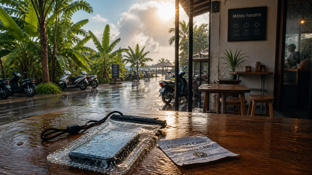 meteo canggu bali : averses courtes et éclaircies, café et téléphone étanche sous la pluie