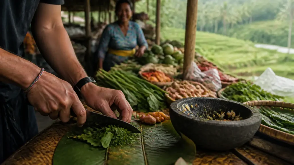 Marché aux épices à Ubud pour paon bali cooking class ubud, participant coupe herbes