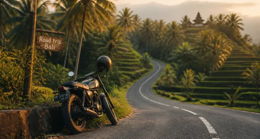 Road trip Bali : moto sur route près des rizières et forêt tropicale