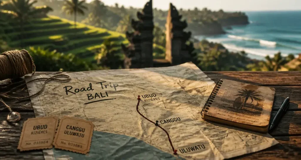 Road trip Bali : carte routière Ubud, Canggu et Uluwatu sur table en bois