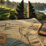 Road trip Bali : carte routière Ubud, Canggu et Uluwatu sur table en bois