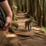 Sacred monkey forest ubud bali : sentier avec macaque et visiteur