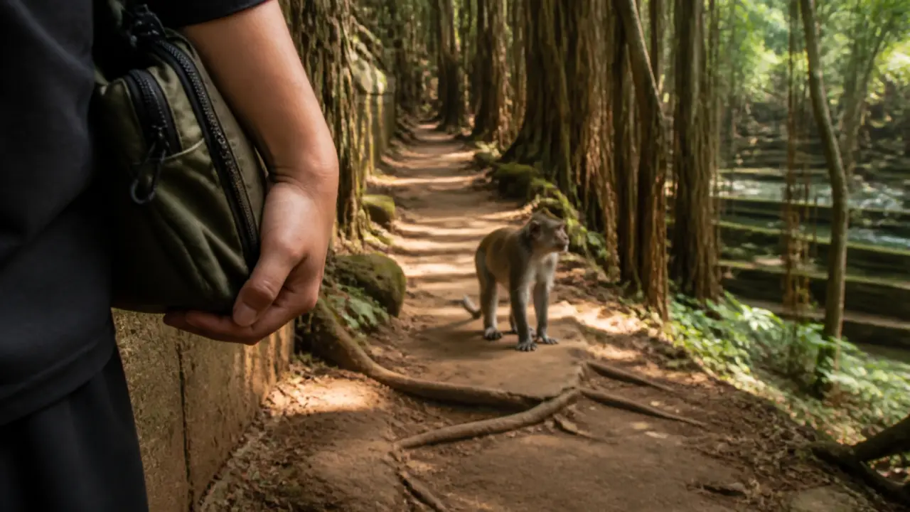 Sacred monkey forest ubud bali : sentier avec macaque et visiteur