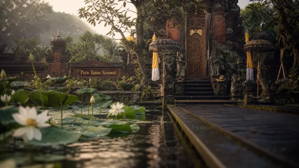 saraswati temple ubud bali : bassin de lotus et portes balinaises