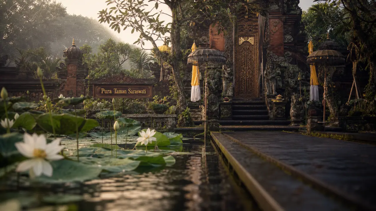 saraswati temple ubud bali : bassin de lotus et portes balinaises