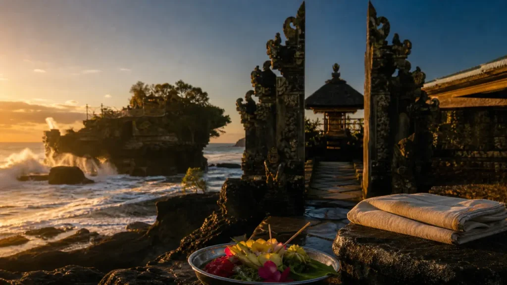Temples of bali à Tanah Lot, offrande en fleurs, mer à l’arrière-plan