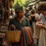 Ubud Art Market Bali : vendeur balinais, sarongs et touriste