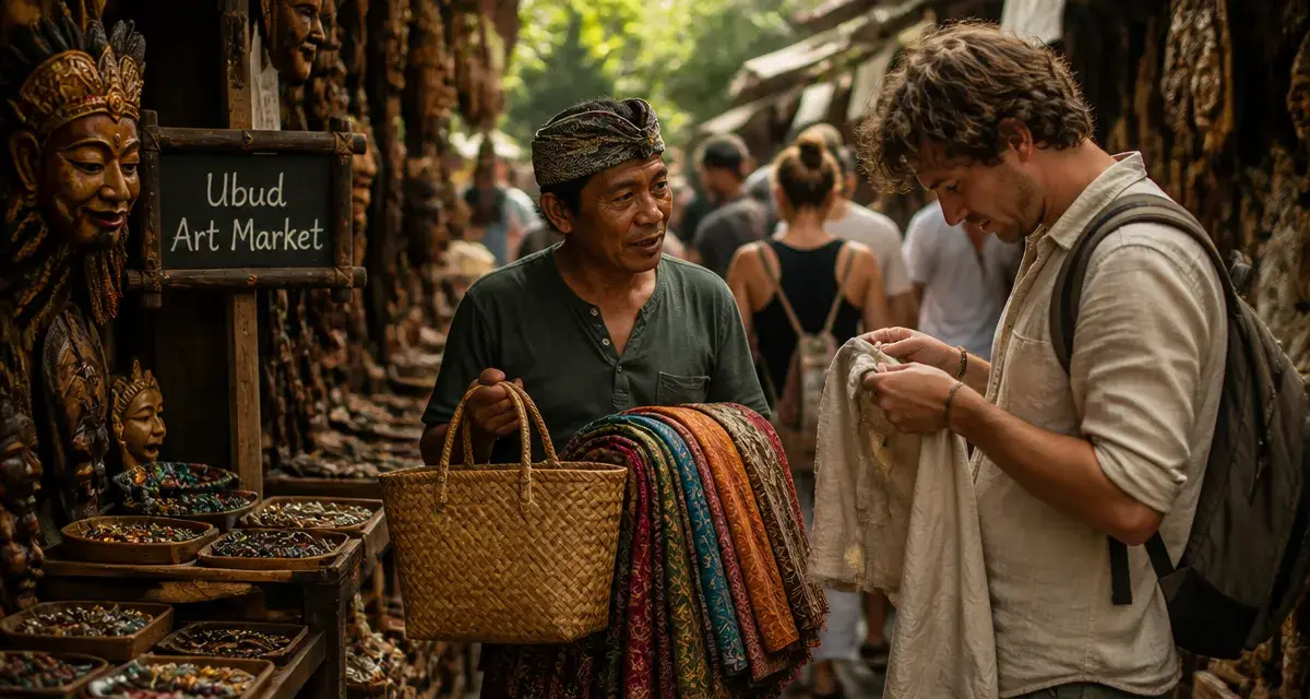 Ubud Art Market Bali : vendeur balinais, sarongs et touriste