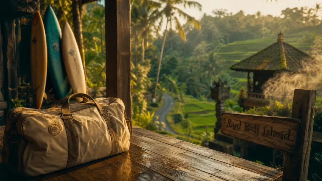 Ubud Bali Island : sac de surf et rizières balinaises, fin d’après-midi