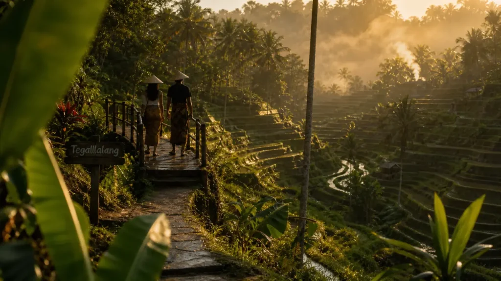 Ubud Bali photos : rizières Tegallalang à la golden hour, passerelle et feuilles