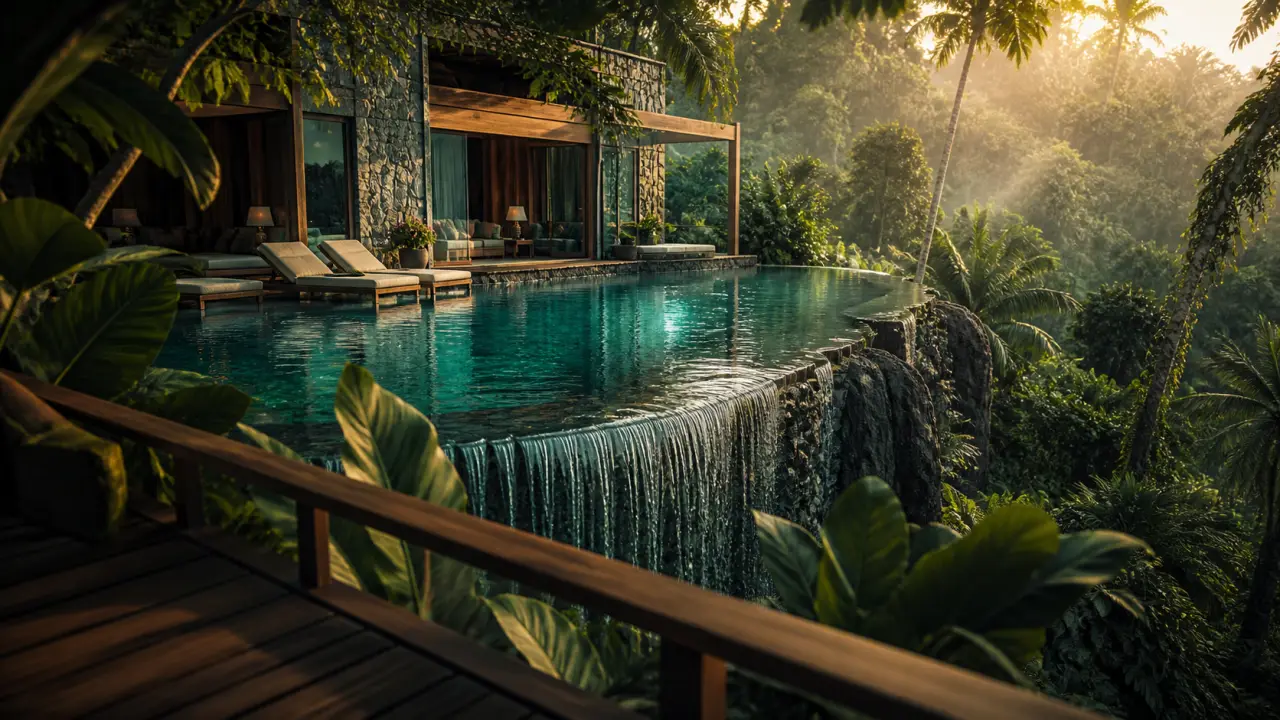 Ubud Hanging Gardens Bali Indonesia : piscine à débordement et jungle tropicale près des villas privées