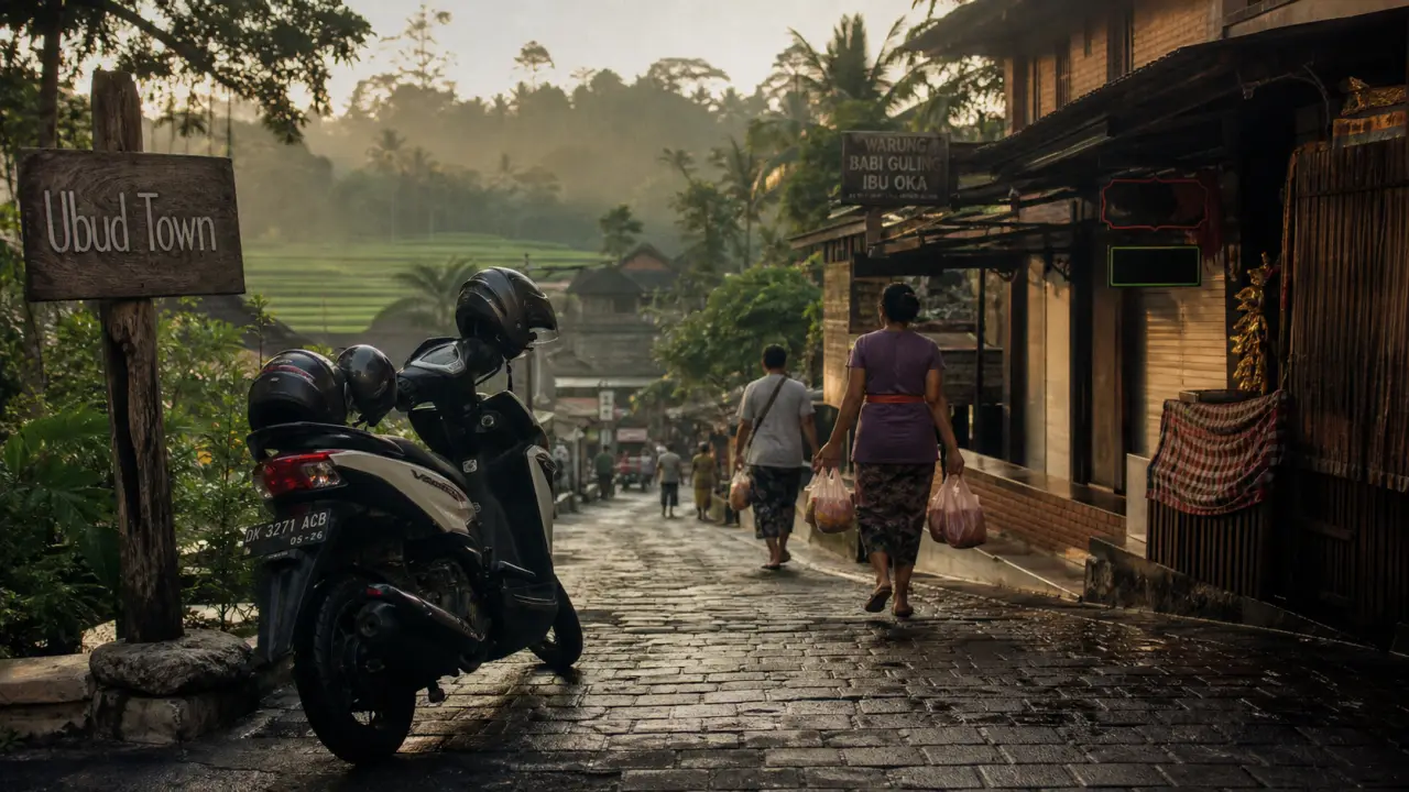 Scooter à Ubud Town Bali, rue pavée et passants