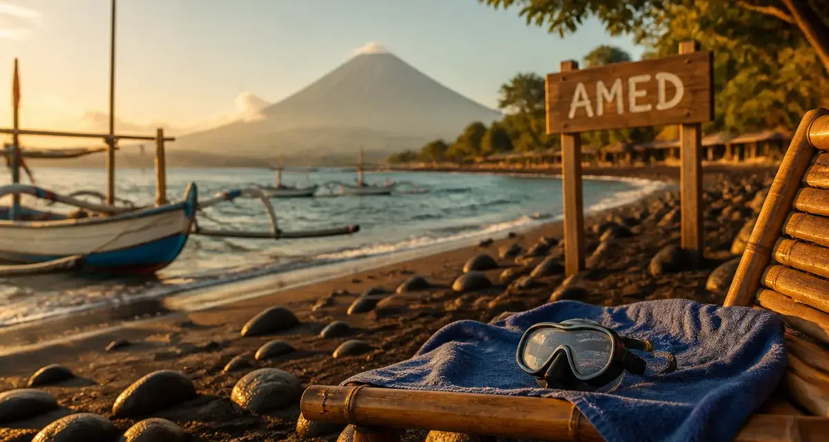 Amed Bali, plage de sable noir et snorkeling au coucher du soleil