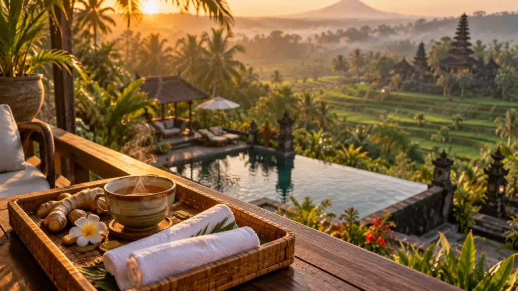Anantara ubud bali : balcon au coucher du soleil, piscine et rizières en arrière-plan