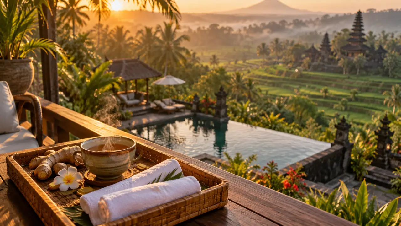 Anantara ubud bali : balcon au coucher du soleil, piscine et rizières en arrière-plan