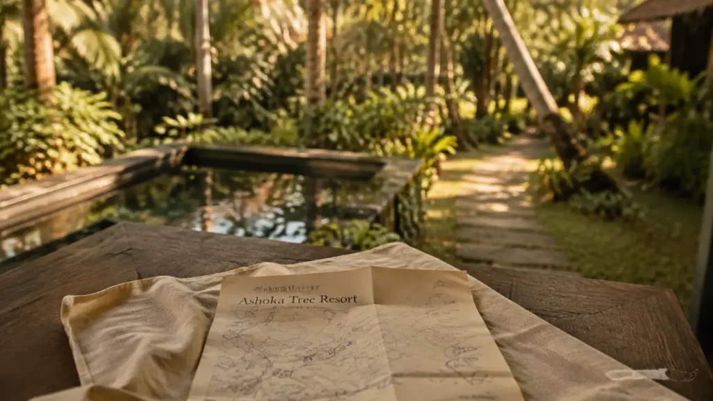 Ashoka Tree Resort Ubud Bali, piscine calme et jardin tropical, carte des trajets sur la table
