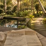 Ashoka Tree Resort Ubud Bali, piscine calme et jardin tropical, carte des trajets sur la table