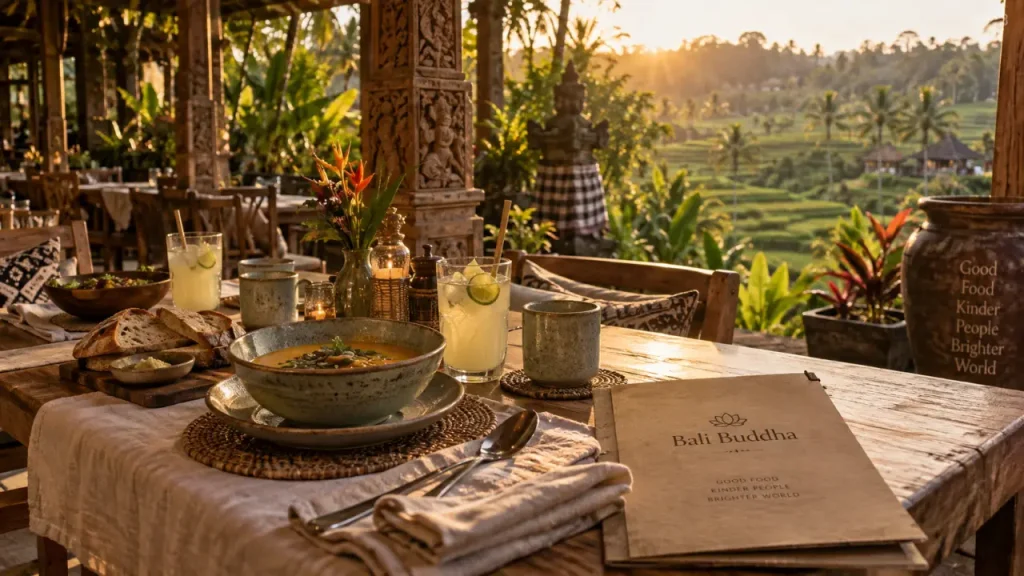 Bali Buda Ubud : table veranda pavillon balinais, épicerie santé bio végétarienne