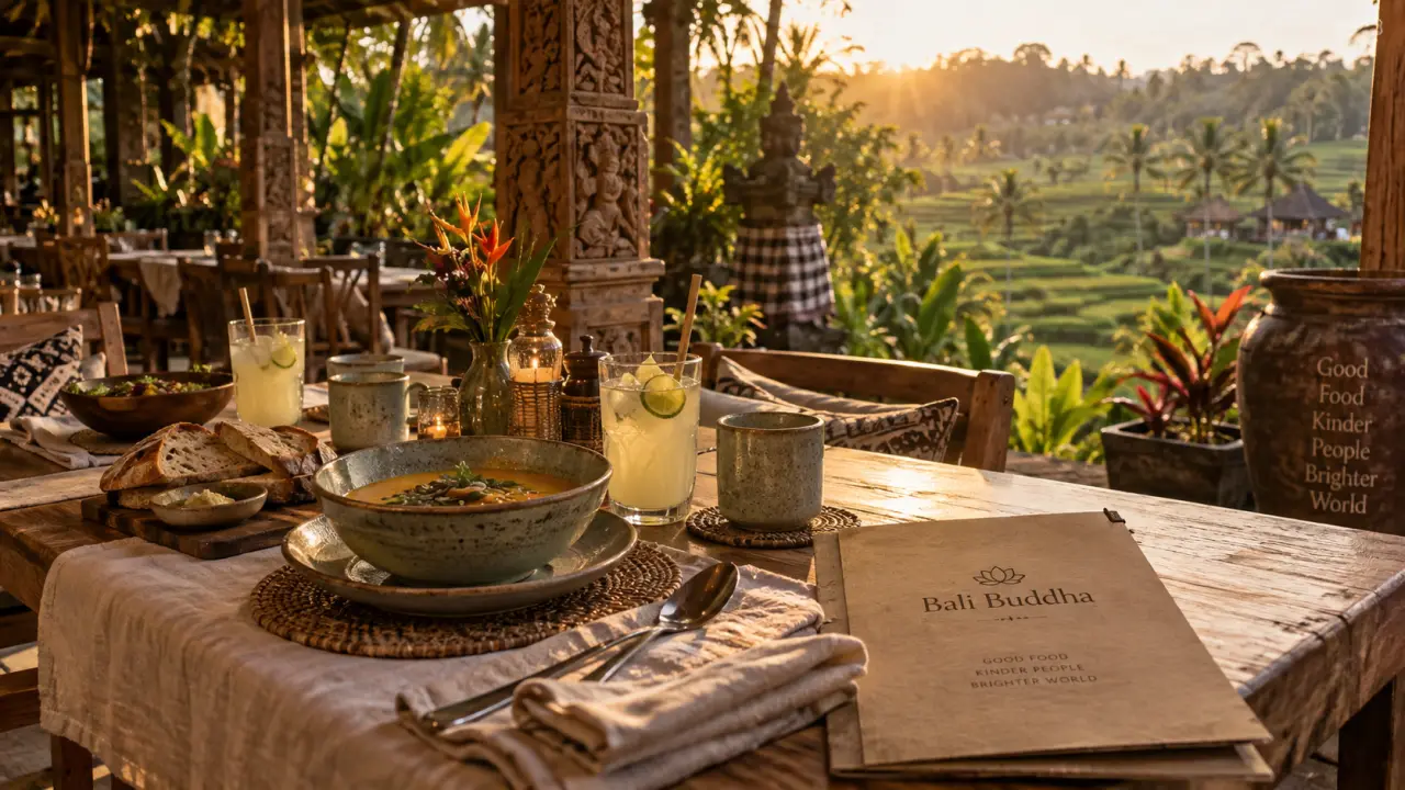 Bali Buda Ubud : table veranda pavillon balinais, épicerie santé bio végétarienne